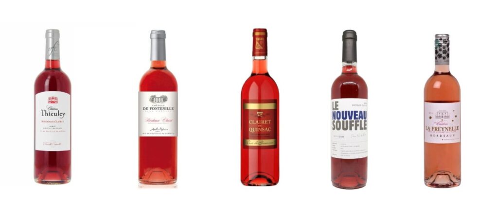 Bouteilles de Clairet du château Thieulery, château de Fontenille, clairet de Quinsac, Le nouveau souffle et château La Freynelle