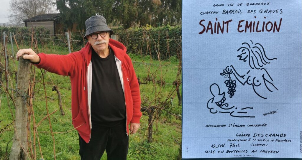 portrait de gérard descrambe dans ses vignes et étiquette de vin par wolinski