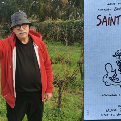 portrait de gérard descrambe dans ses vignes et étiquette de vin par wolinski