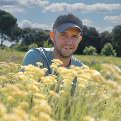 homme champ de fleurs